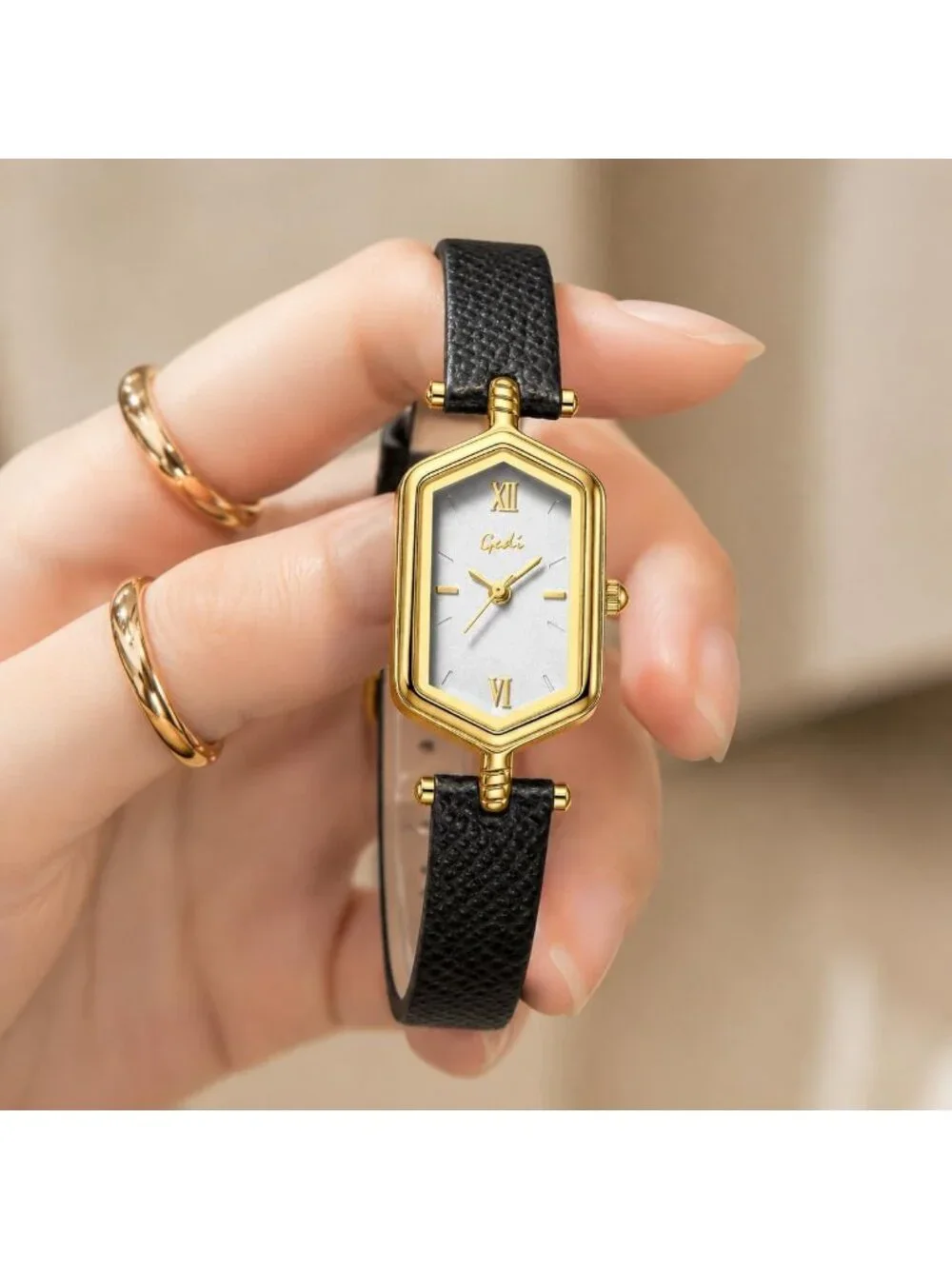 Women's Black Gold Vintage Slim Leather Strap Bracelet Hexagon Case Wrist Watch